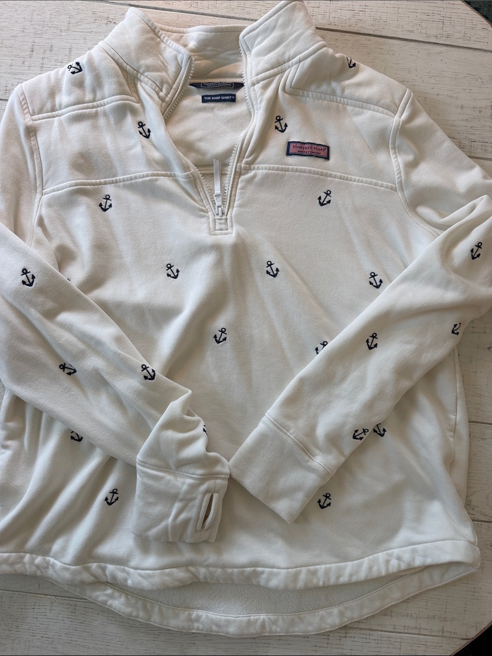 Vineyard Vines White Quarter-Zip Pullover with Navy Anchor Embroidery